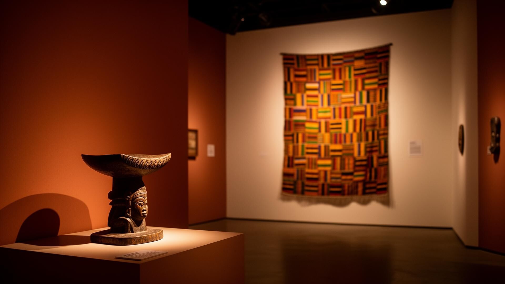 Amba Gallery interior with kente cloth and Ashanti stool